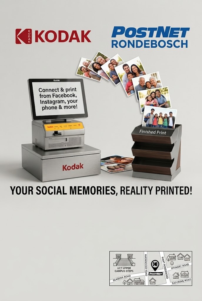 Kodak print kiosk at Postnet Rondebosch — connect and print from Facebook, Instagram and your phone